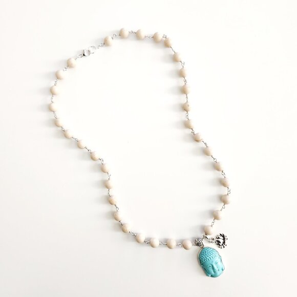 WOOD AGATE NECKLACE W/ TURQUOISE BUDDHA PENDANT - Picture 3 of 4